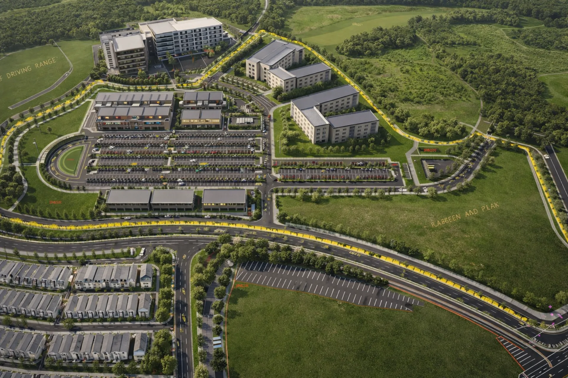 Aerial mixed-use masterplan visual showing buildings, parking and site circulation