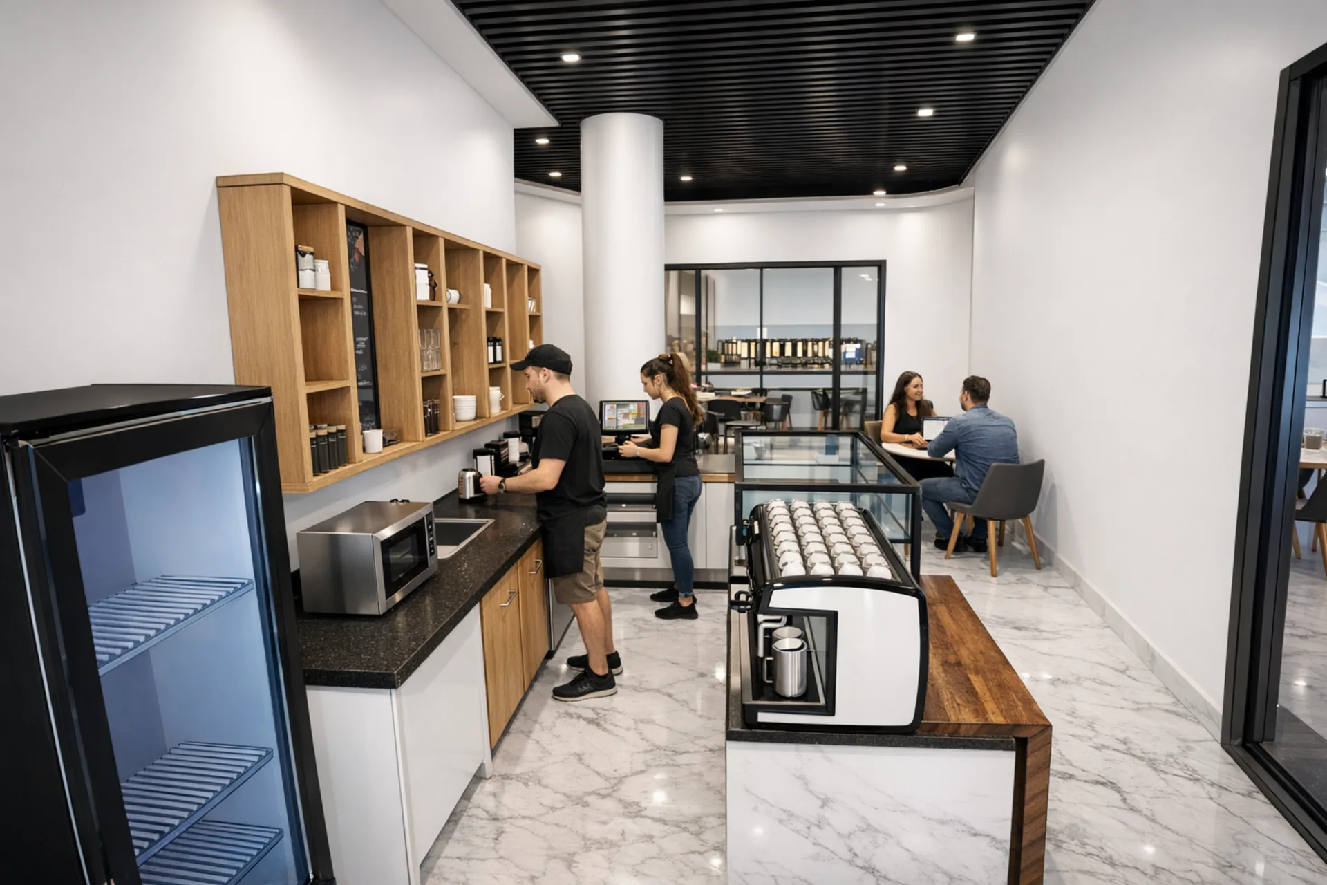 Breakout café interior concept with a service counter and customer seating