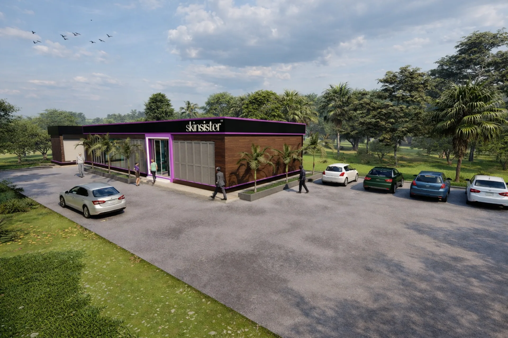 Café concept exterior with branded frontage, arrival area and parking