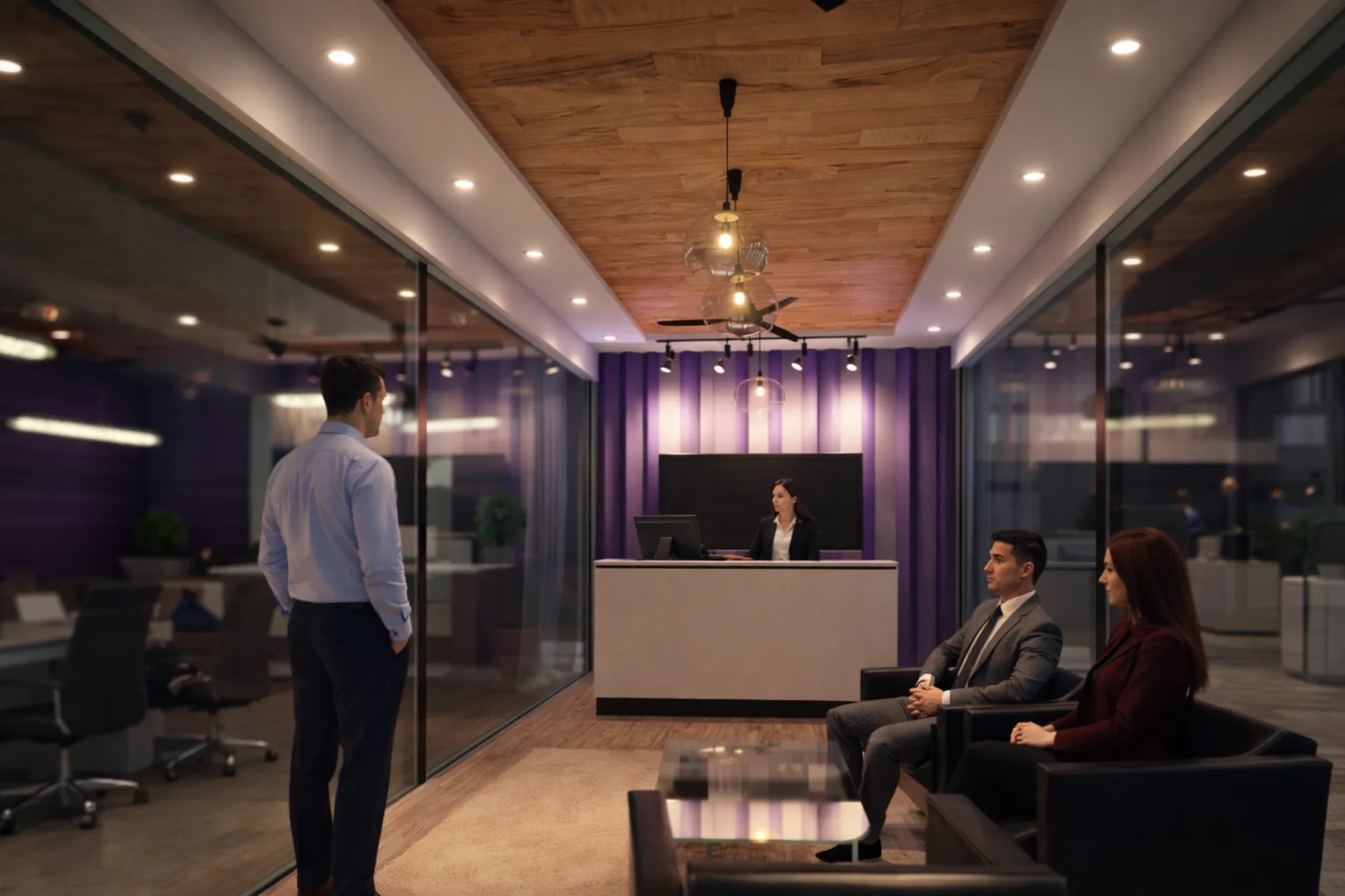 Reception lounge concept with a waiting area and considered lighting