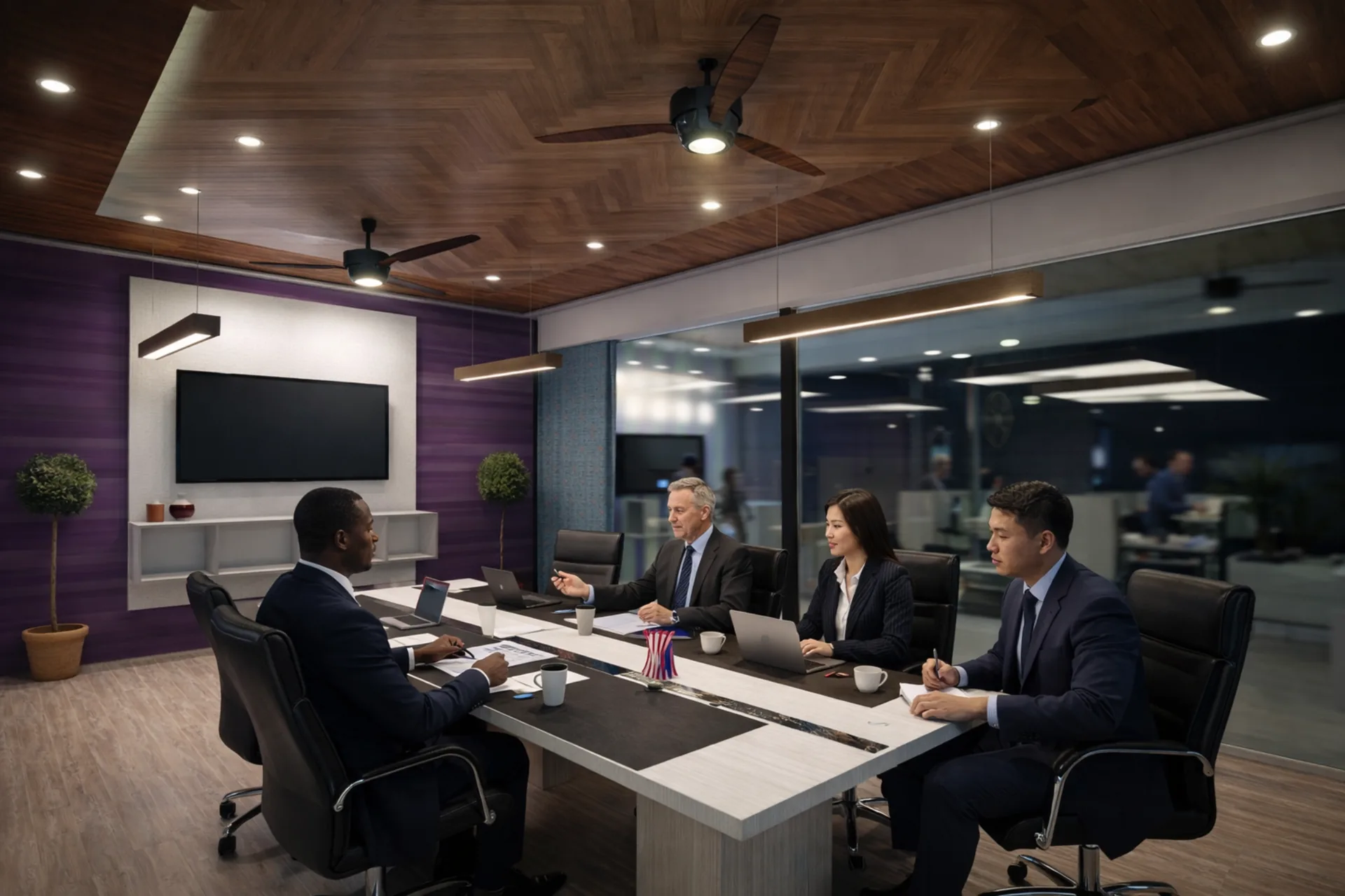 Commercial meeting-room concept with considered materials and lighting