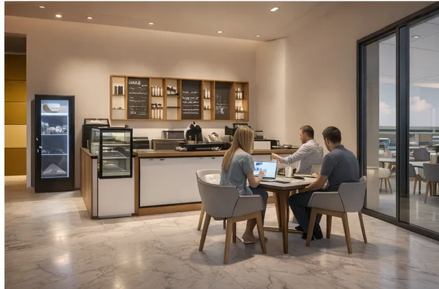 Commercial café and pantry concept with seating and a service counter