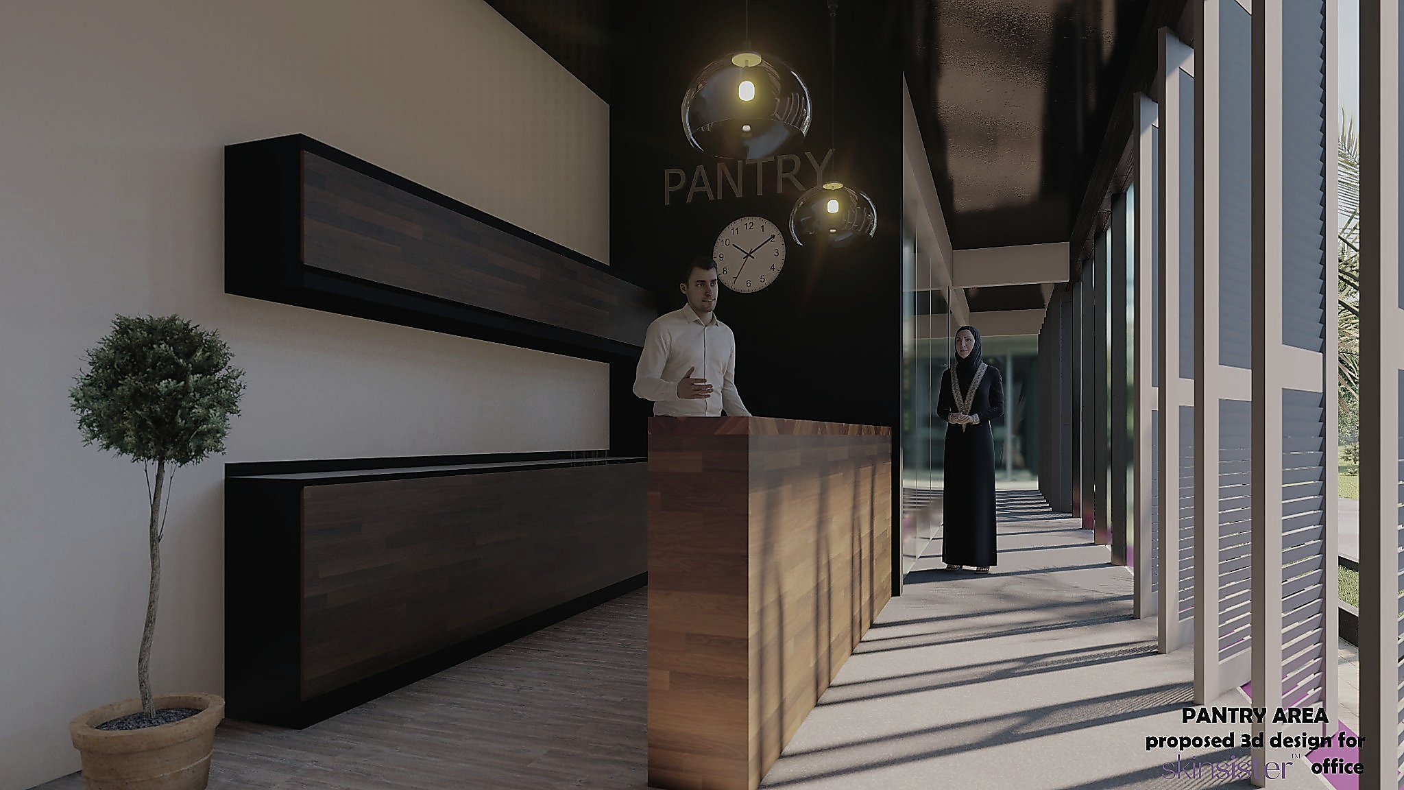 3D visualisation of a pantry area with a long counter and glazed walkway